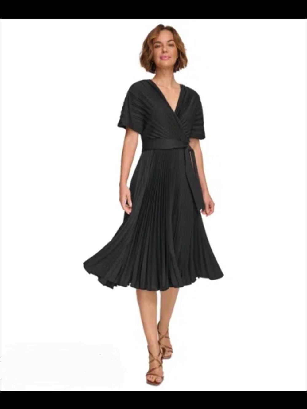 DKNY Black Pleated Wrap Midi Dress